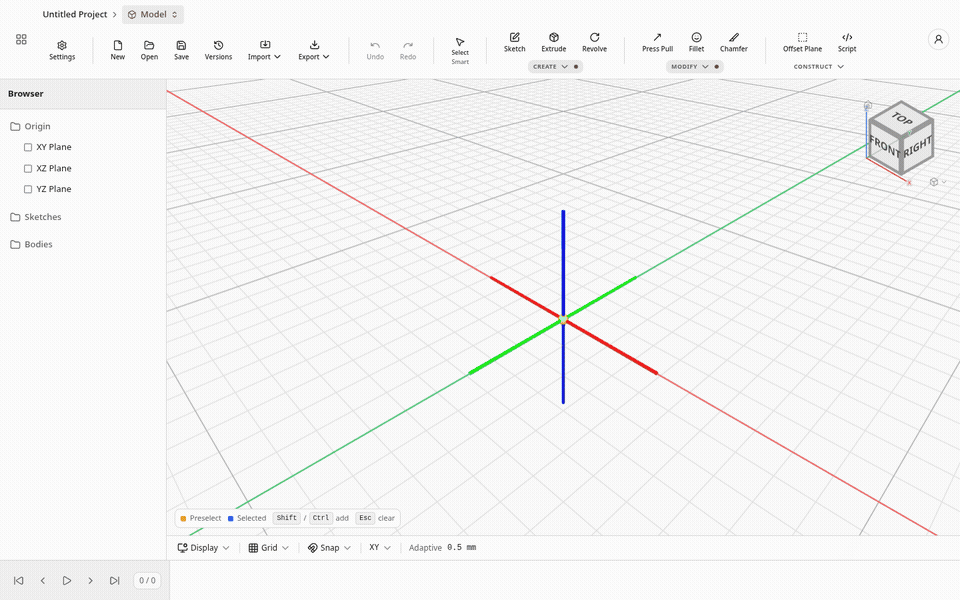 Animation: an empty project, then the plate sketch, the extrude, and the filleted plate